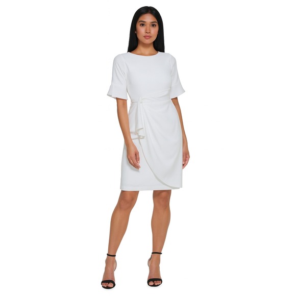 Dkny Side-Knot Sheath Dress Ivory Mini Short Faux Wrap Short Sleeve Size 16 - Picture 1 of 5